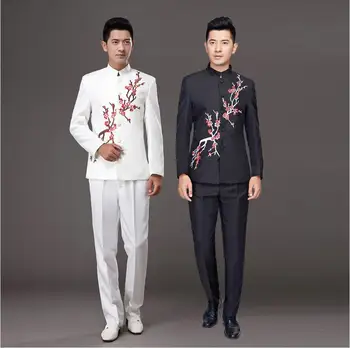 Alb negru se Potriveste plum blossom Zhongshan se Potriveste Geaca + Pantaloni de performanță costum gazdă de sex masculin cantareata Îmbrăcăminte cor Costum de scena