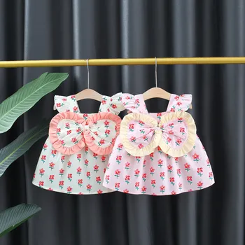 Fete rochie de vara haine pentru copii nou stil coreean floral mic arc pătrat guler de zbor mâneci pentru copii drăguț rochie